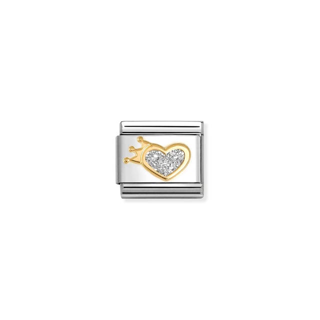 Gold Nomination Composable Heart with Crown Glitter Symbol jewelry charm on a white background.