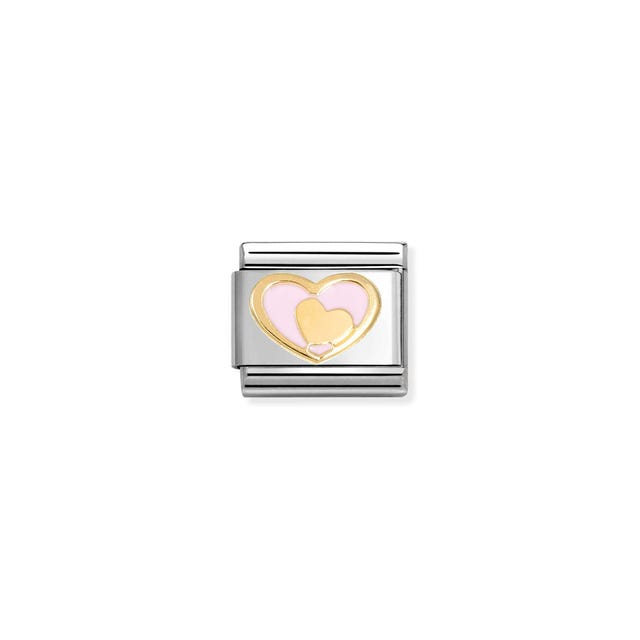 Nomination Composable Heart in Heart pink and yellow gold charm, featuring a pink heart inside a yellow gold heart.