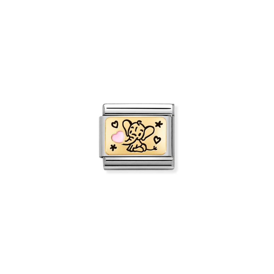 Nomination Composable pink baby elephant plate with 18k gold finish, featuring detailed elephant design on a decorative jewelry piece.