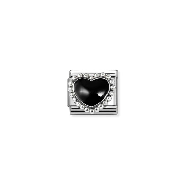 Nomination Composable black heart charm with dotted design, featuring a stylish heart symbol for jewelry and bracelet accessories.