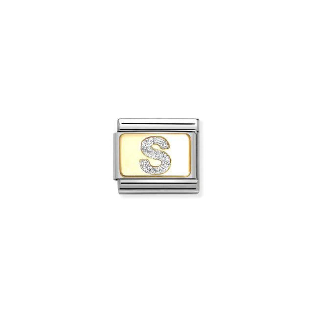 Nomination Composable Glitter Letter S jewelry charm with sparkling gold and silver finish, designed for customizable jewelry pieces.