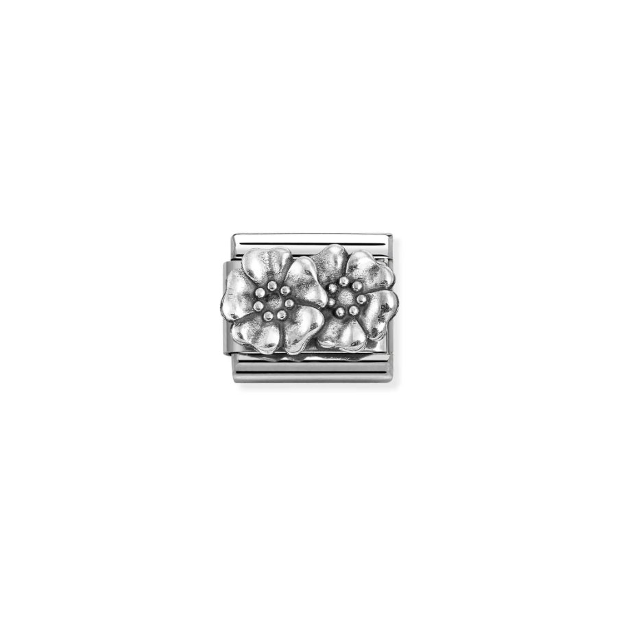 Silver Nomination Composable Ox Double Flower Symbol charm, detailed floral design in a polished metal finish.