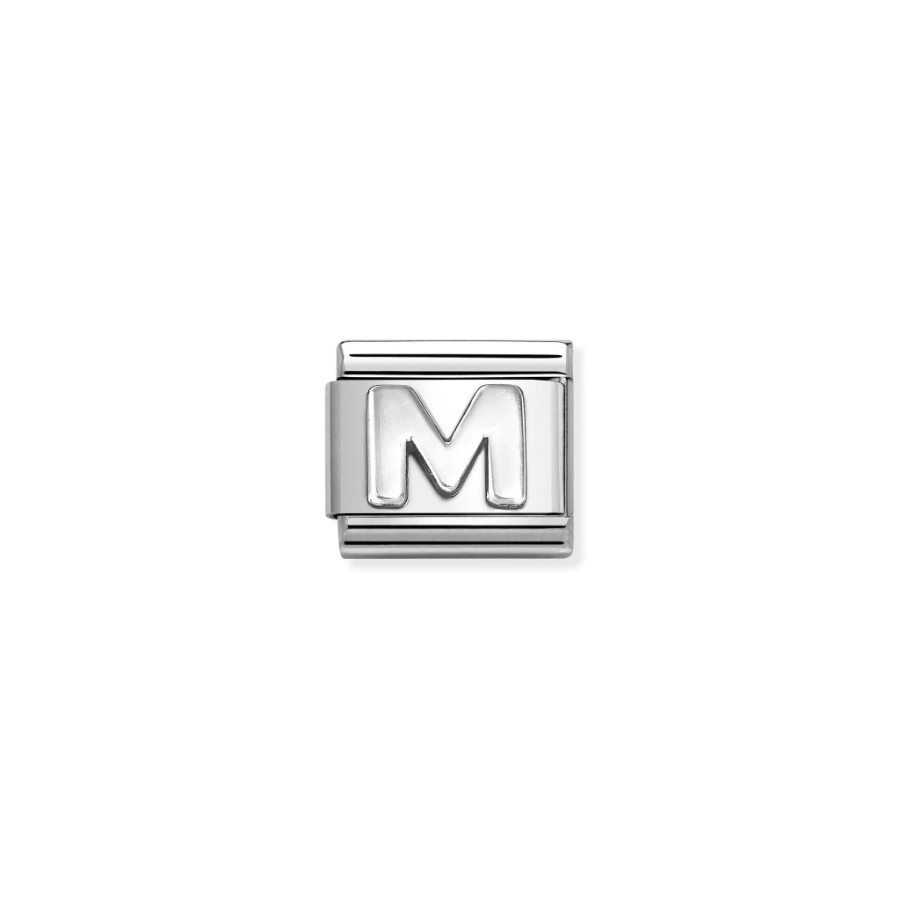Nomination Composable Classic Link Ox Letter M jewelry charm in silver with engraved detailing on a white background