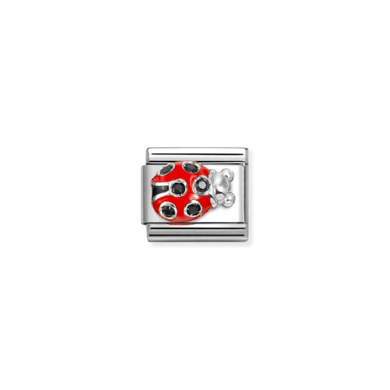 Nomination Composable Ladybug Symbol charm in silver with red enamel accents, suitable for bracelet or necklace jewelry.