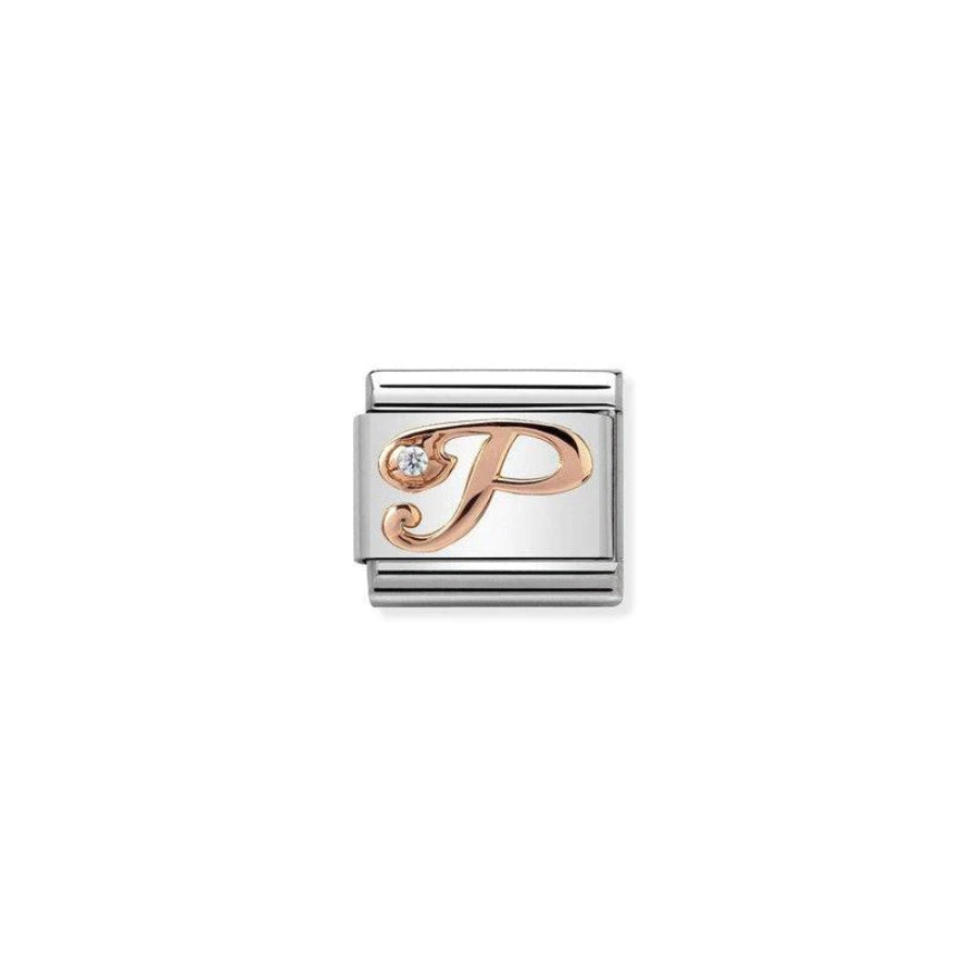 Nomination Composable Classic Rose Gold Letter P charm showing a gold letter P on a rose gold background.
