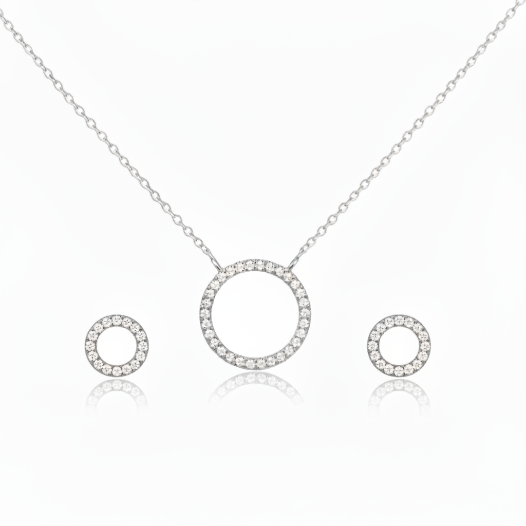 Misu 925 silver circle earrings and necklace set with sleek, minimalist design featuring polished silver loops.