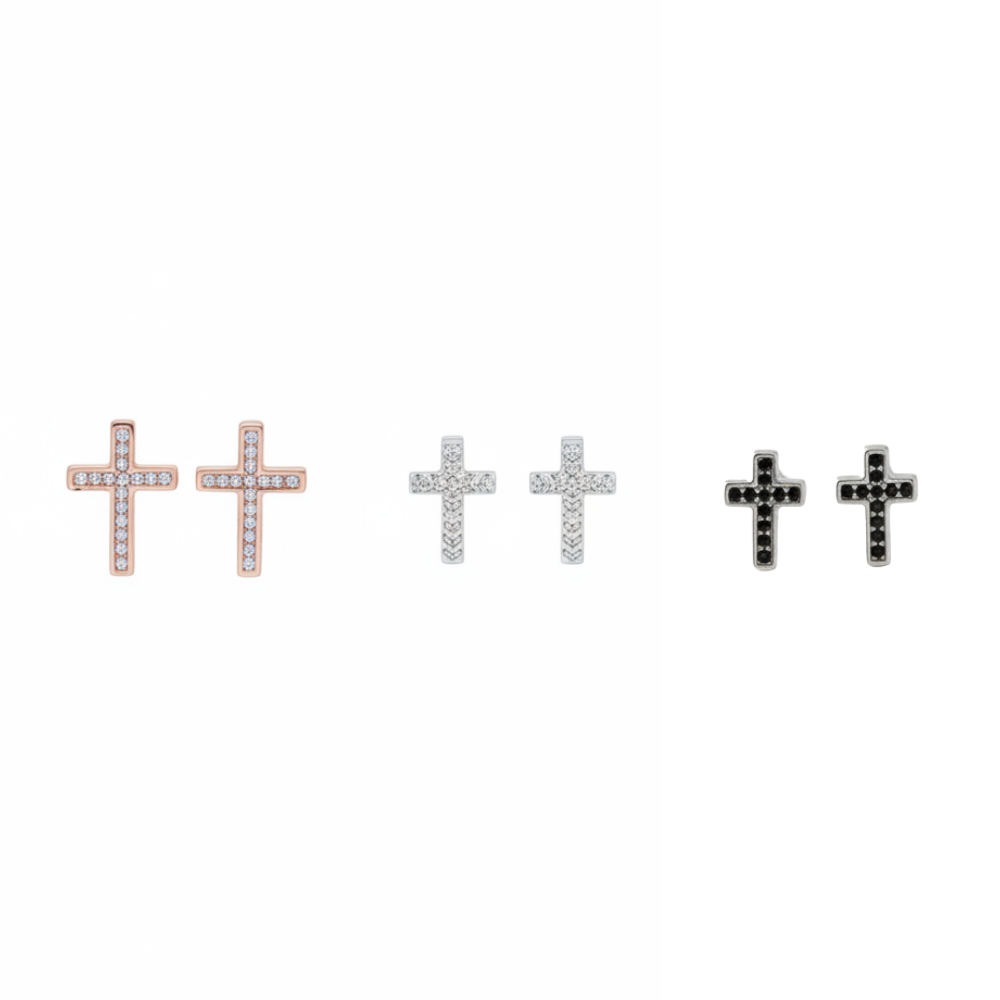Set of three MISU 925 sterling silver earrings featuring faith-themed designs, including studs and hoops.