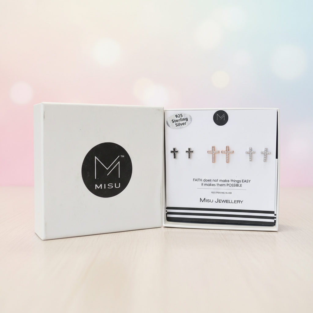 Set of three Misu sterling silver earrings featuring "Have Faith" design, including hoops and studs, displayed on a white background.