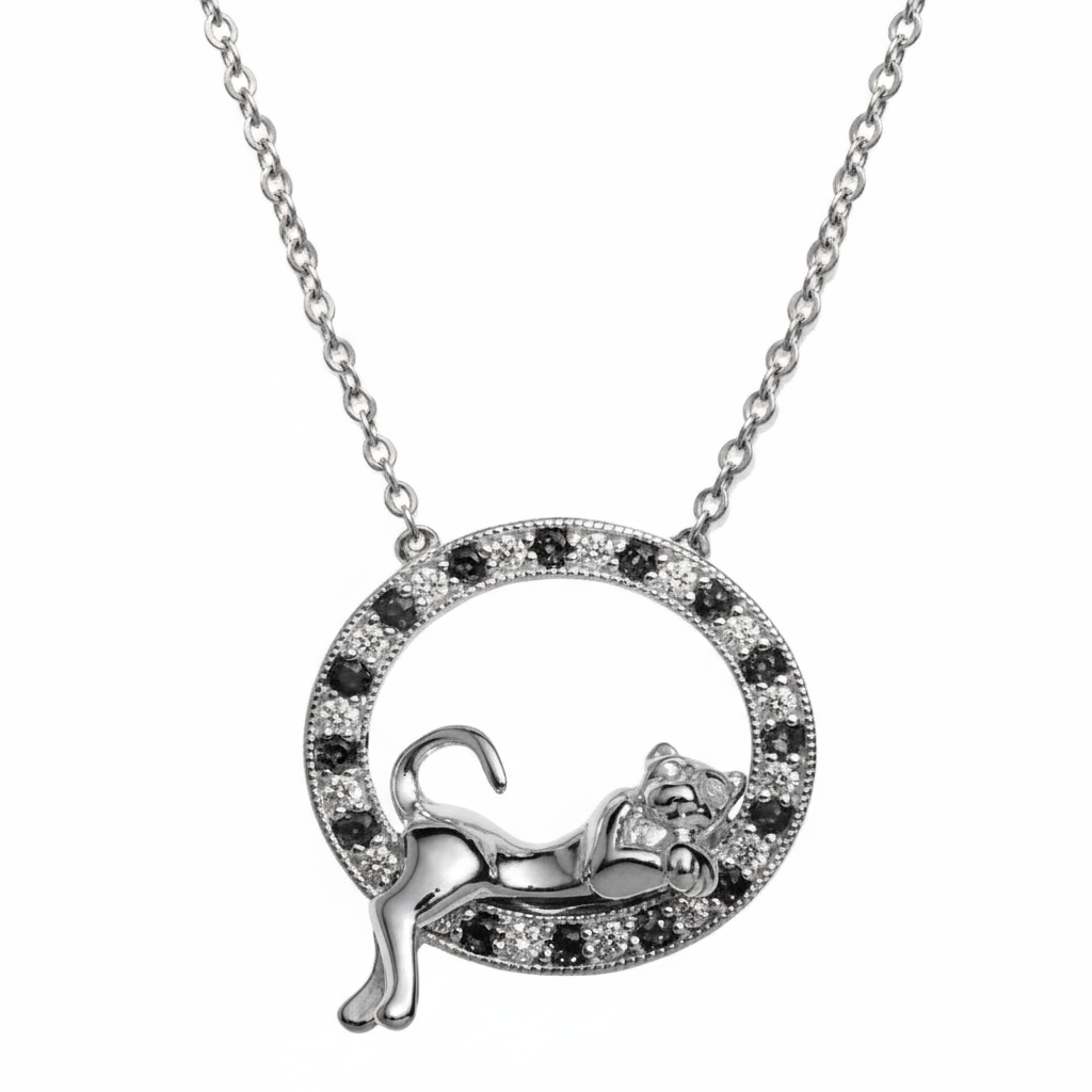 MISU 925 sterling silver necklace featuring a leopard lying within a circular pendant, stylish and detailed jewelry accessory.