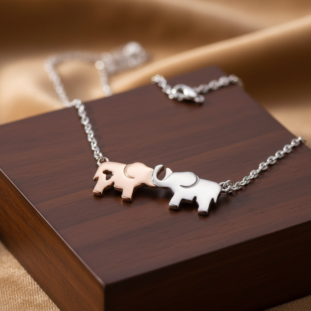 Misu 925 sterling silver necklace featuring two-tone holding elephants pendant, elegant jewelry for animal lovers