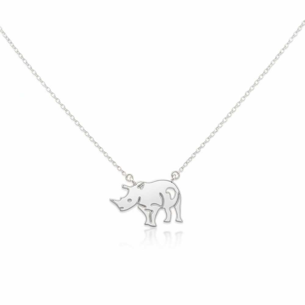 MISU 925 sterling silver necklace featuring a detailed rhino pendant on a sleek chain.