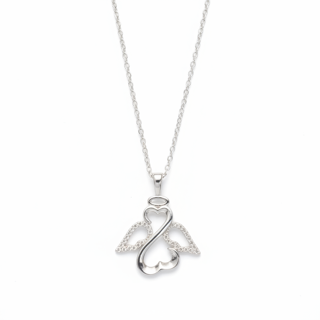 MISU 925 sterling silver necklace featuring an angel pendant, showcasing detailed craftsmanship and elegant jewelry design.