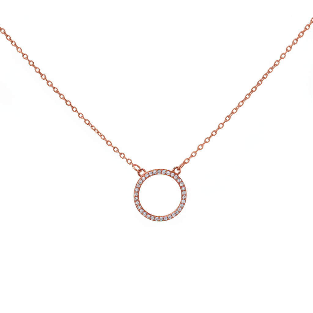 Misu Rose Gold Necklace with CZ circle pendant, delicate jewelry featuring sparkling cubic zirconia on a rose gold chain.