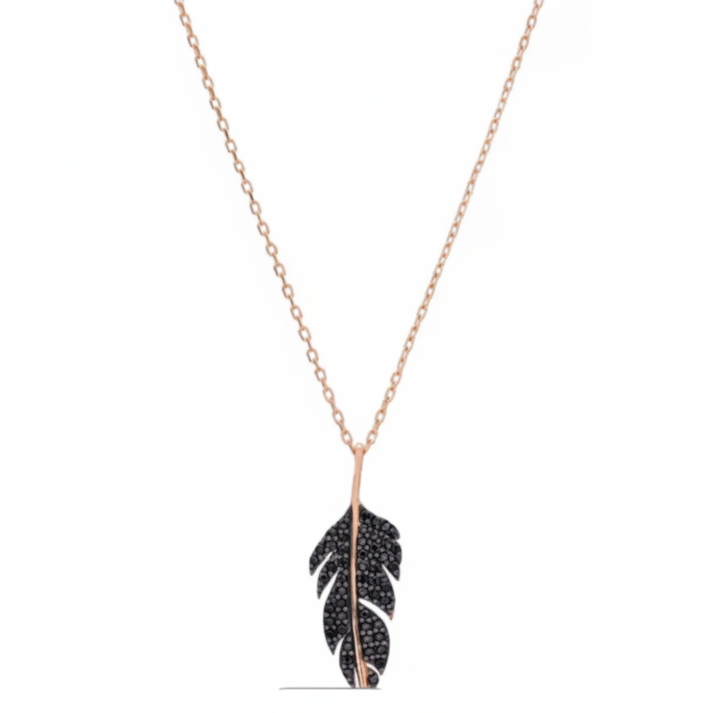 Misu 925 sterling silver rose and black feather necklace, detailed close-up of elegant jewelry design