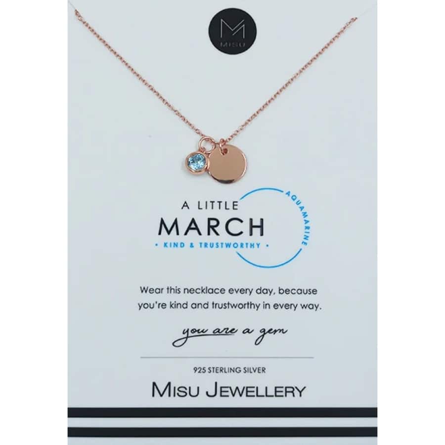 Misu rose gold necklace with marquise-cut aquamarine birthstone pendant, elegant jewelry for March birthdays.