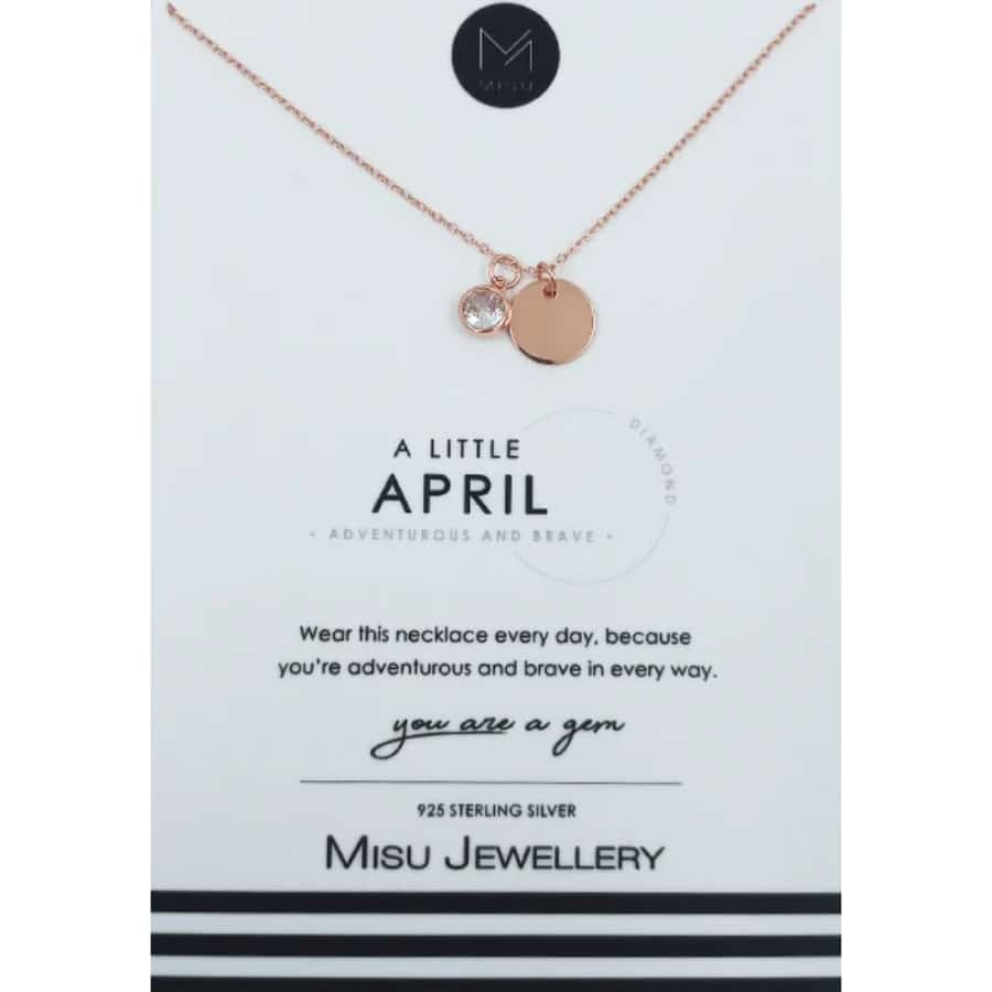 Misu Rose Gold Necklace with April birth month diamond, elegant jewelry piece showcasing a delicate rose gold chain and sparkling gemstone.