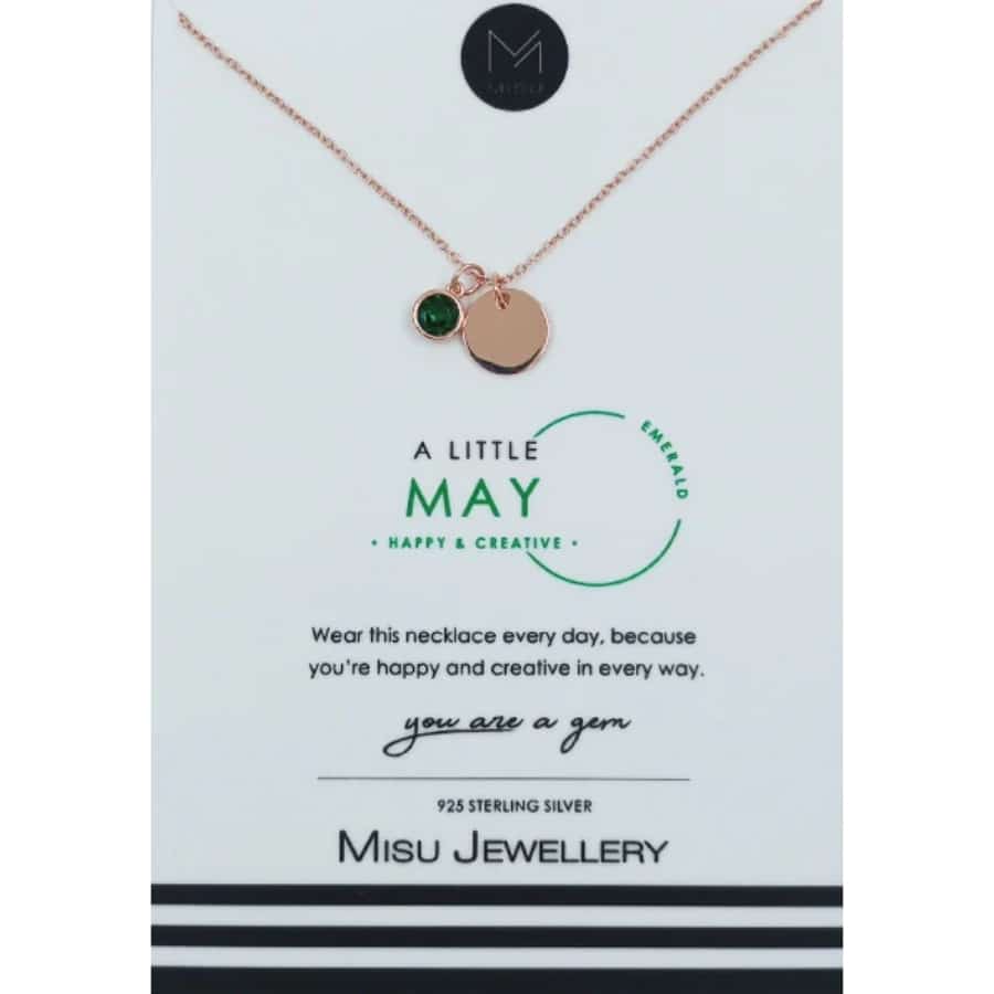 Misu rose gold necklace featuring a May birth month emerald pendant, elegant jewelry accessory.