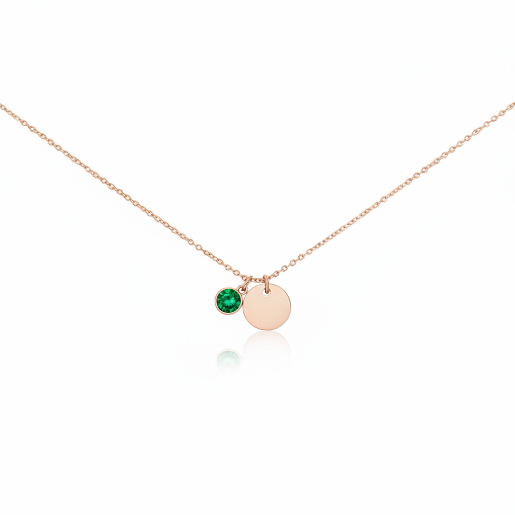 Misu Rose Gold Necklace featuring a May birth month emerald pendant, elegant jewelry with detailed design and gemstone.