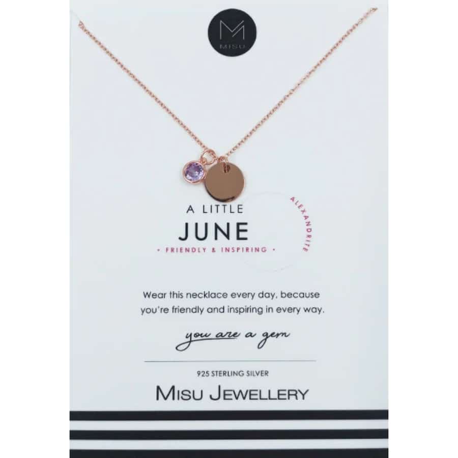 Misu Rose Gold Necklace with June birth month Moonstone pendant, elegant jewelry featuring a polished rose gold chain.