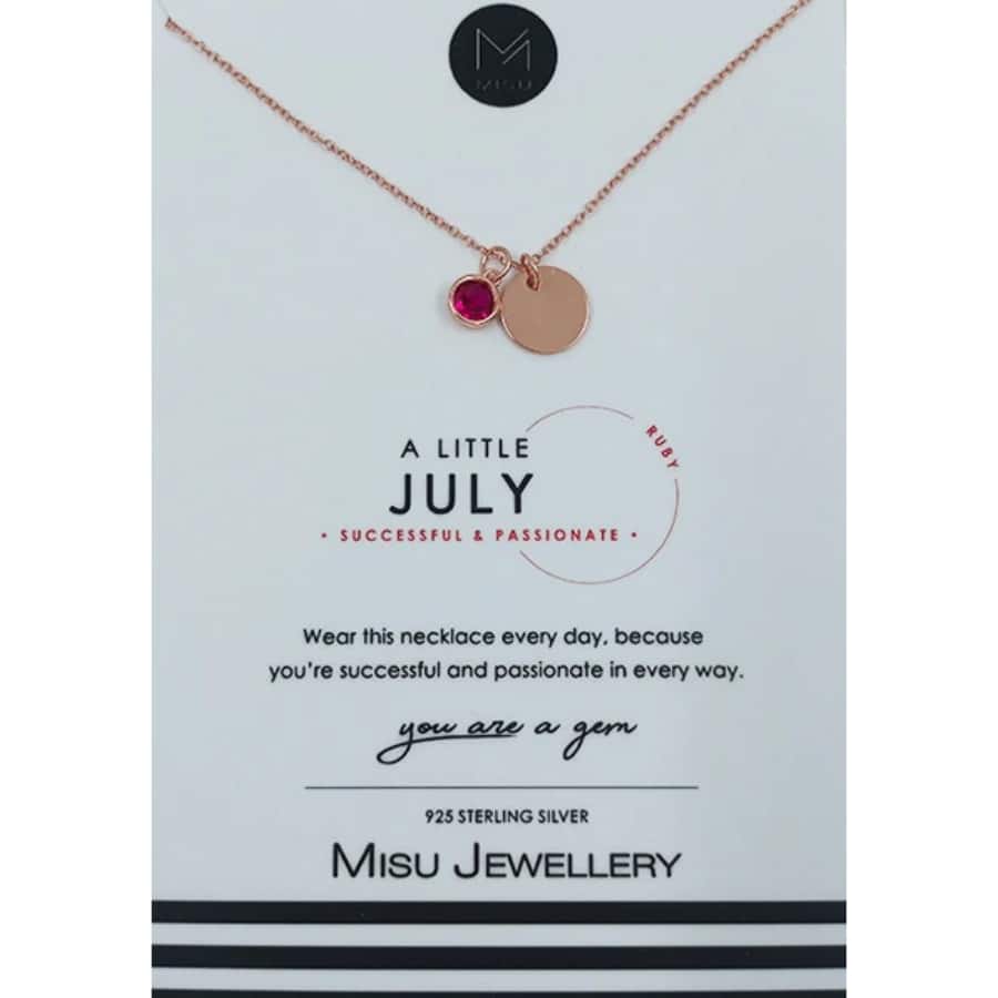 Misu Rose Gold Necklace featuring a July birth month ruby pendant, elegant jewelry accessory with a delicate chain.