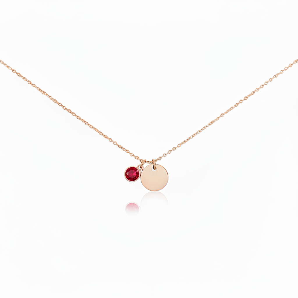 Misu Rose Gold Necklace with July birthstone Ruby, featuring a delicate pendant with a sparkling ruby gemstone in rose gold setting.