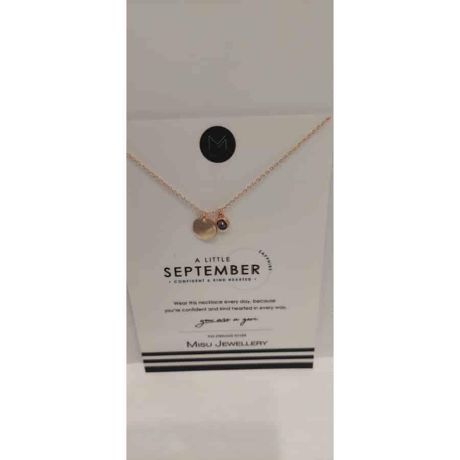 Misu Rose Gold Necklace featuring a sapphire birthstone for September, elegant jewelry with a delicate chain and gemstone pendant.
