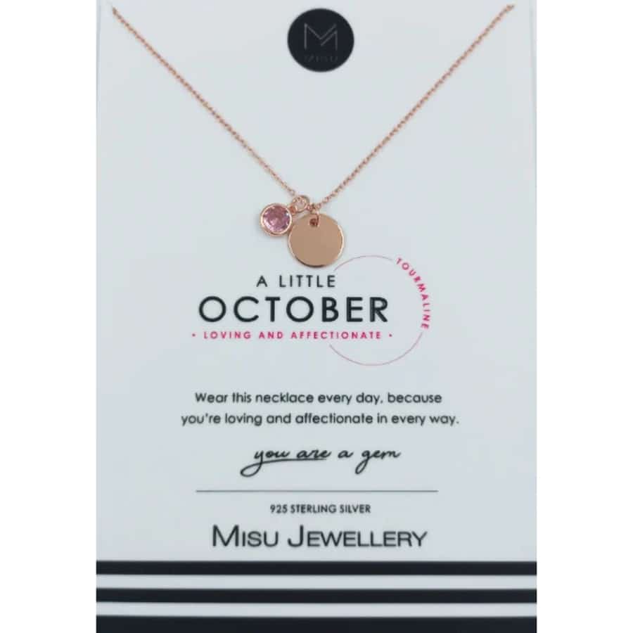 Misu Rose Gold Necklace featuring a birth month October Tourmaline gemstone pendant, elegant jewelry accessory for women
