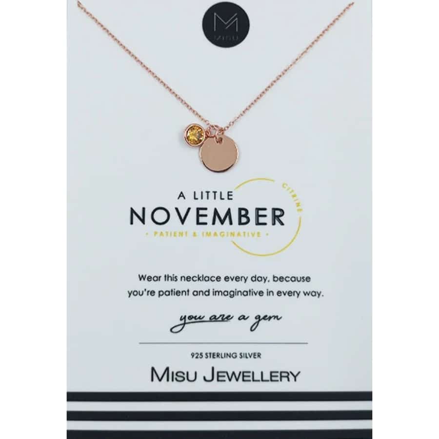 Misu Rose Gold Necklace featuring a November birth month Citrine pendant on a delicate chain.