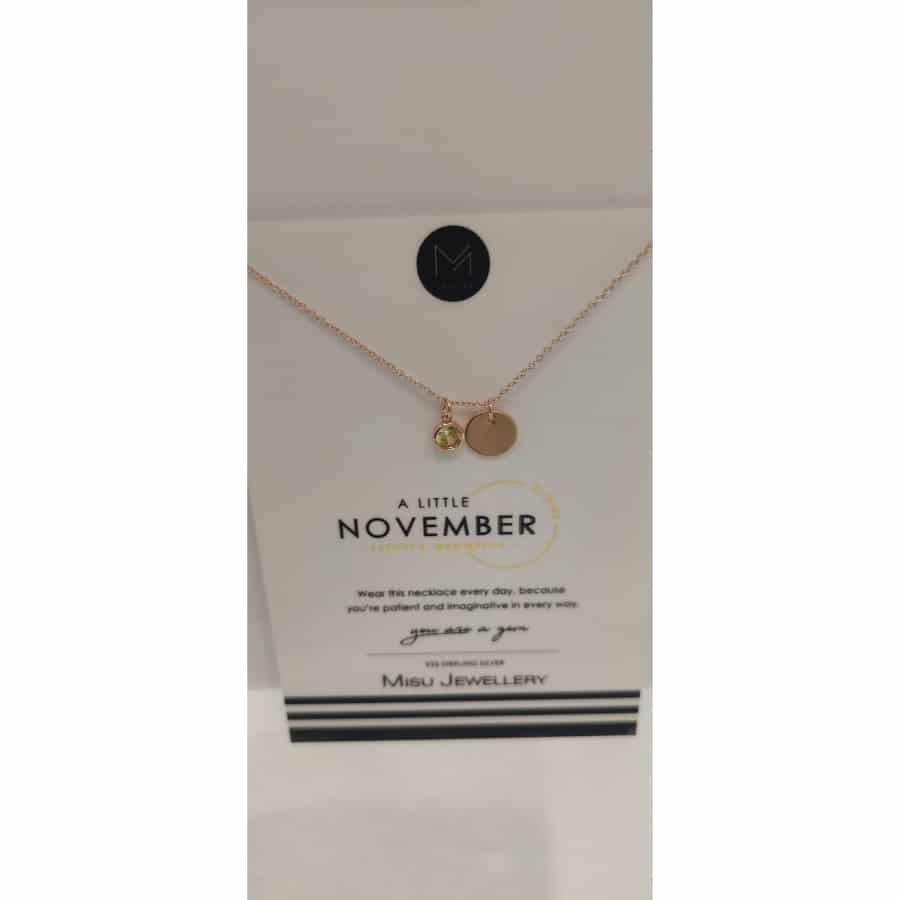 Misu Rose Gold Birth Month Necklace for November featuring Citrine gemstone, delicate jewelry with a elegant design.