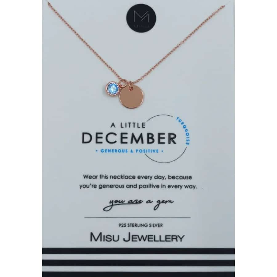 Misu Rose Gold Necklace with Birth Month Topaz charm, featuring a delicate chain and a sparkling topaz stone.