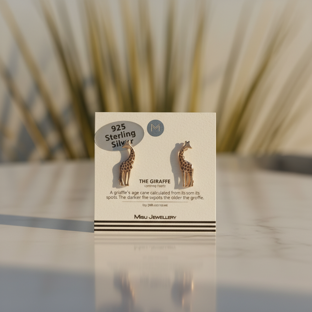 Misu 925 sterling silver rose gold giraffe earrings showcasing detailed animal design on shiny, elegant jewelry.
