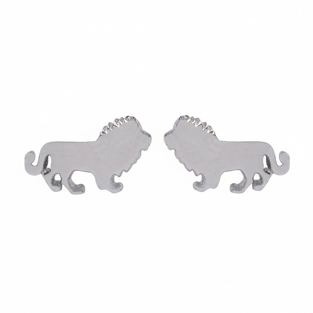 Sterling silver lion earrings by Misu featuring detailed lion head design on shiny silver hoops