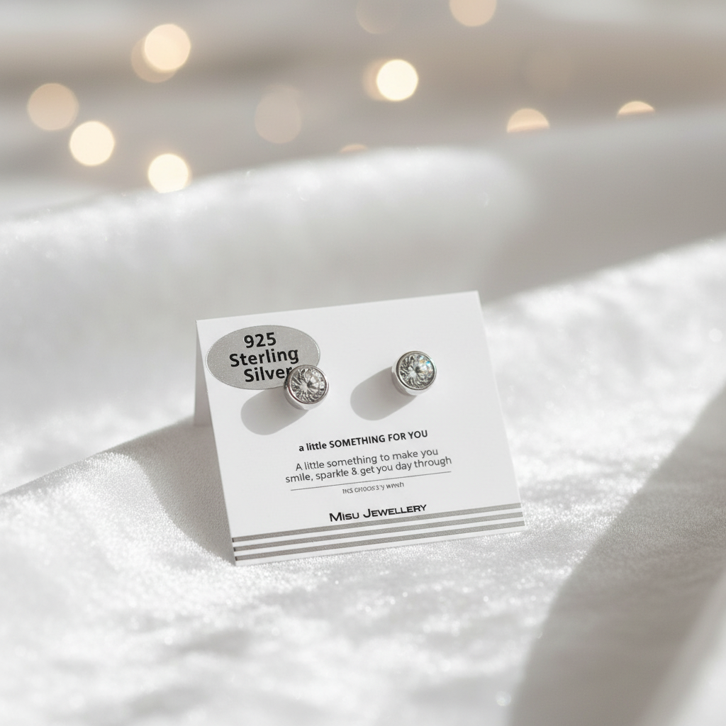 Misu 925 sterling silver stud earrings featuring simple, elegant design with a polished finish and secure post backs.