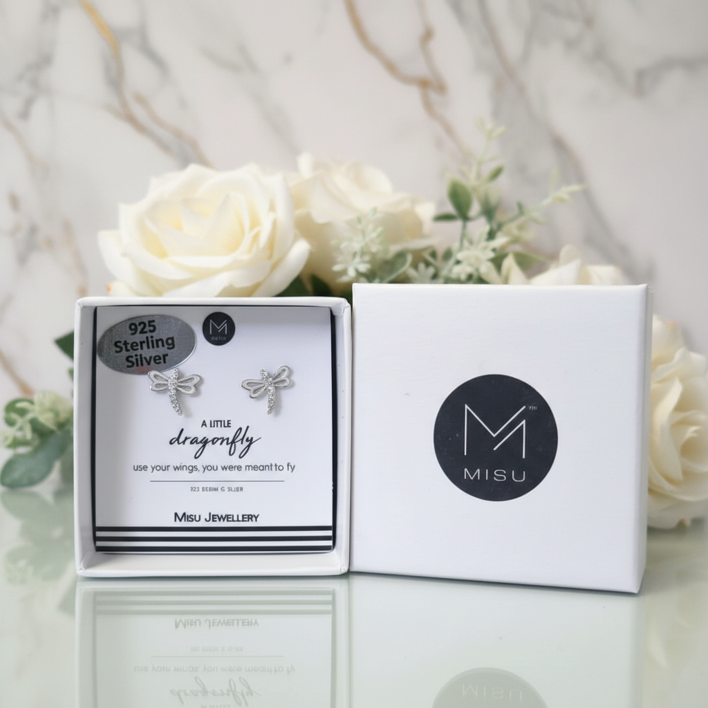 Sterling silver dragonfly earrings by Misu featuring intricate design and delicate craftsmanship.