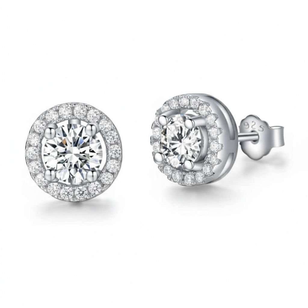 Misu 925 sterling silver earrings with sparkly circular design, showcasing elegant, shiny jewelry for pierced ears.