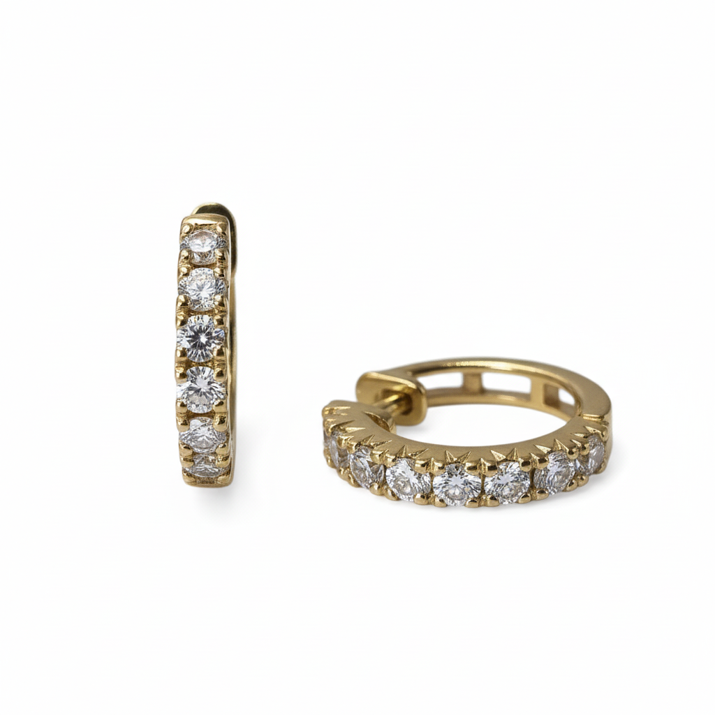 Lab Grown Diamonds 9CT yellow gold huggie earrings displaying sparkling diamond accents and sleek hoop design.