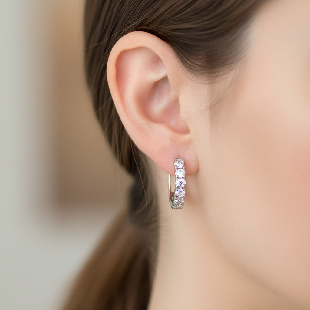 Lab grown diamond 9CT white gold huggie earrings with sparkling stones, showcasing elegant jewelry design.