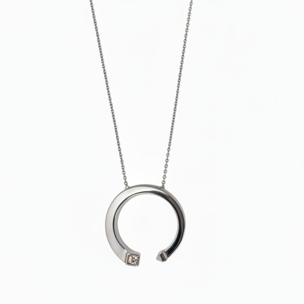 Lab Grown Diamonds 9CT white gold half circle pendant with sparkling diamonds, elegant jewelry design.