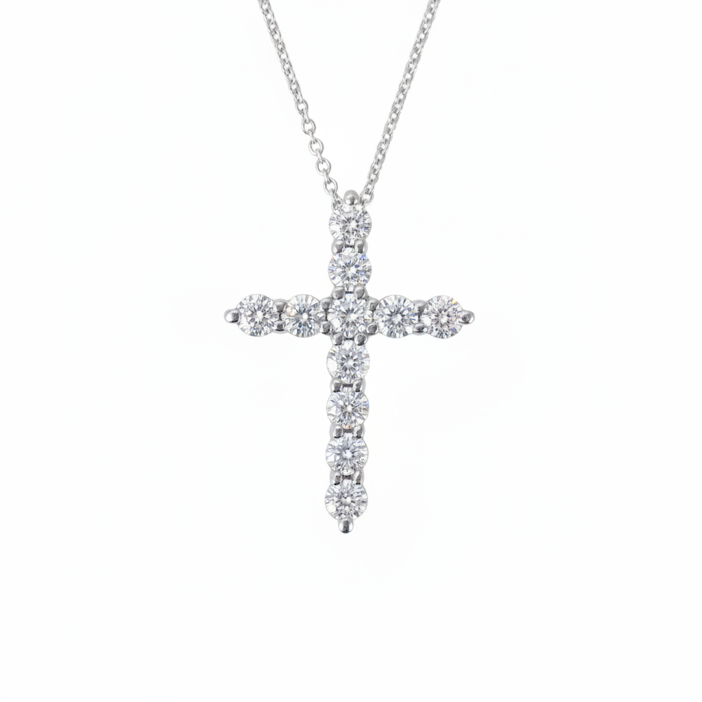 Lab Grown Diamonds 9CT white gold cross pendant showcasing a sparkling diamond-encrusted design.