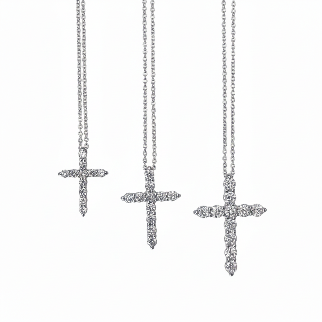 Lab grown diamond 9ct white gold cross pendant, showcasing a sparkling diamond-studded cross design on a white gold chain.