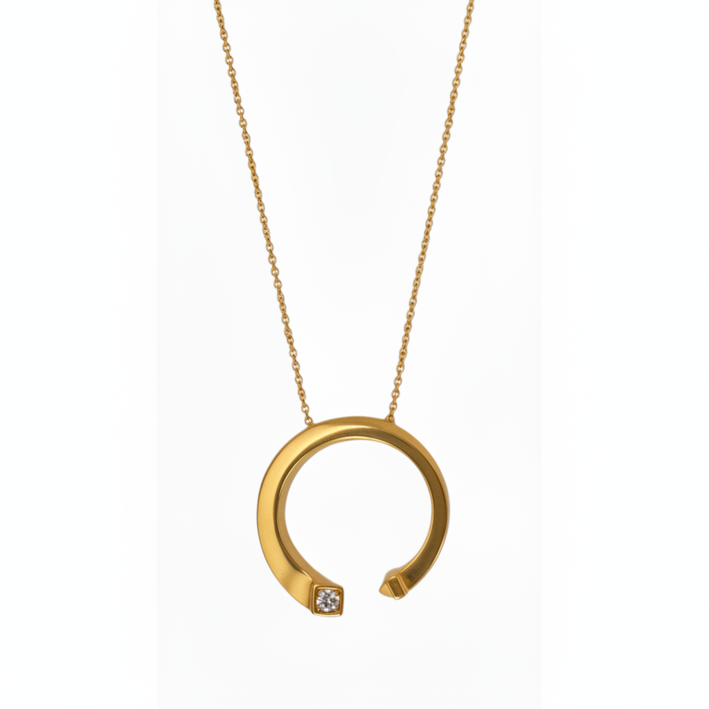 Lab Grown Diamonds 9CT yellow gold half circle pendant featuring sparkling lab-grown diamonds on a sleek gold chain.