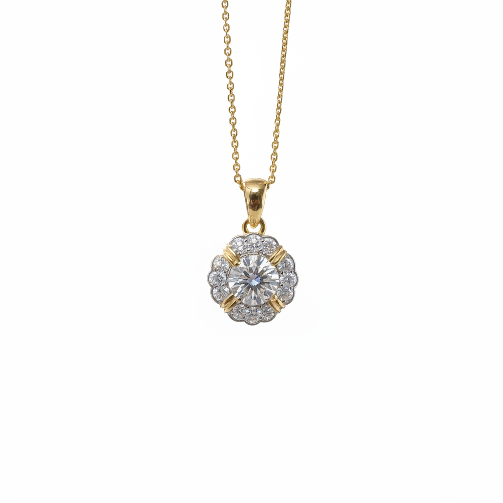 Lab Grown Diamonds 9CT yellow gold petal pendant with 0.50CT diamond, elegant jewelry piece featuring a floral design.