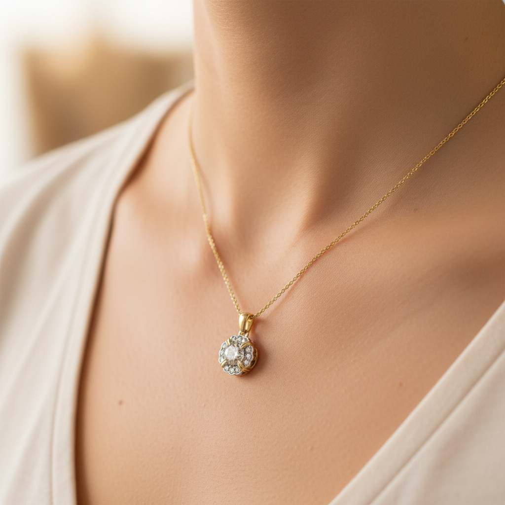 Lab Grown Diamonds 9ct yellow gold petal pendant with 0.50ct diamond center, elegant jewelry piece featuring a floral design.