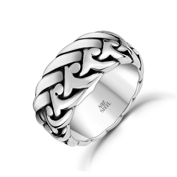 ARZ Steel woven detail steel ring featuring intricate metal weaving and a polished silver finish.
