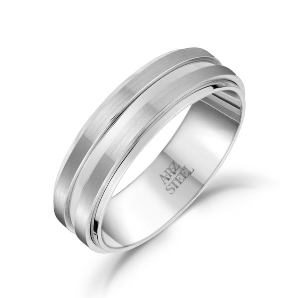 ARZ Steel matte and shiny steel ring with sleek design, showcasing a combination of polished and brushed finishes.
