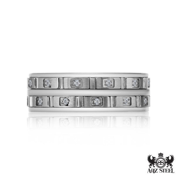 ARZ Steel double band ring with small links and cubic zirconia accents, elegant jewelry piece featuring sparkling stones.