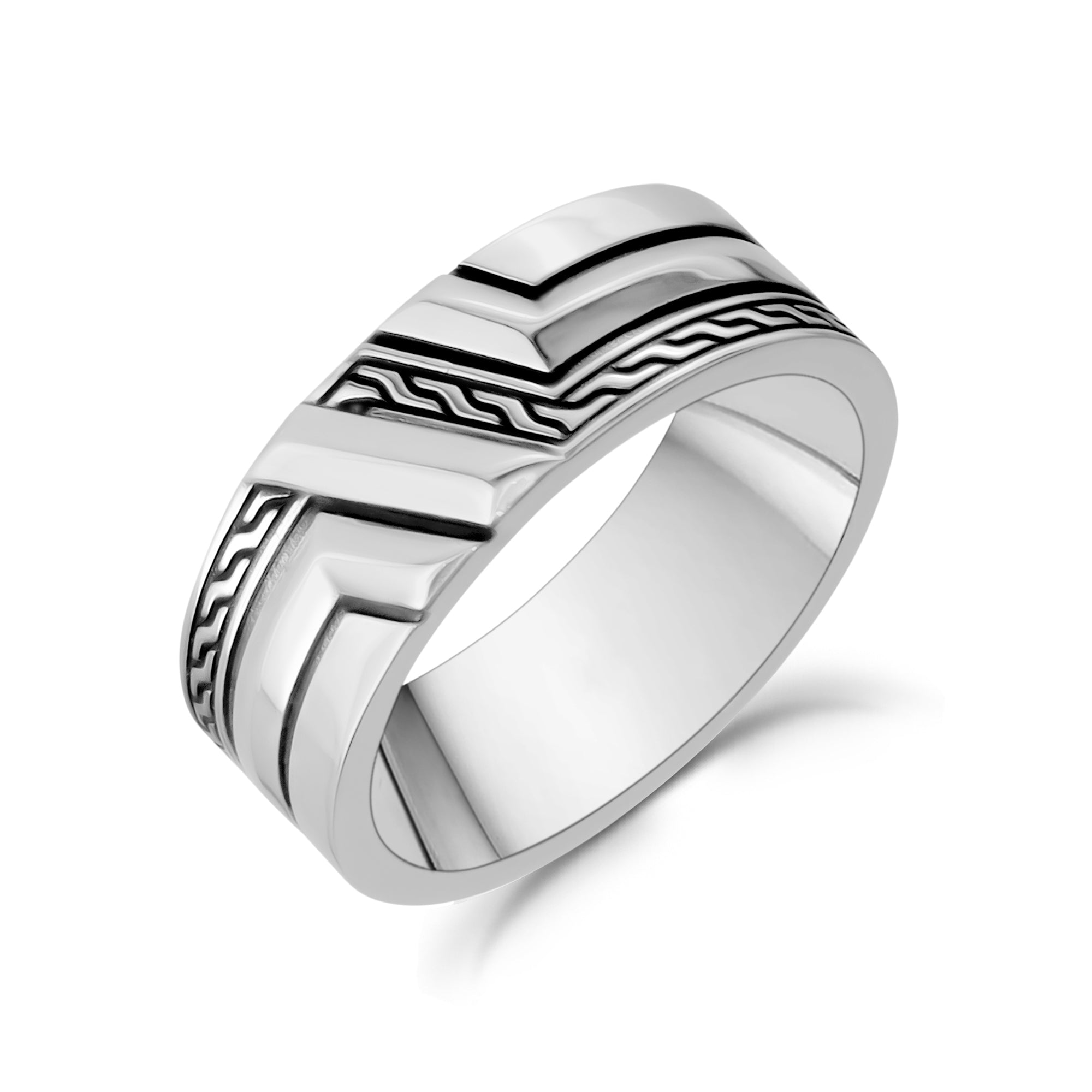 Close-up of ARZ Steel detailed steel ring with intricate design, showcasing its polished metal finish and craftsmanship.