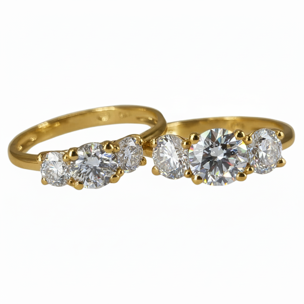 Lab Grown Diamonds 9CT yellow gold trilogy ring with three sparkling diamonds, showcasing elegant craftsmanship.