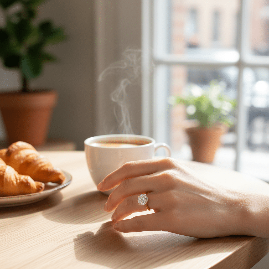 Lab Grown Diamonds 9CT yellow gold solitaire ring with a prominent diamond centerpiece and sleek band design.