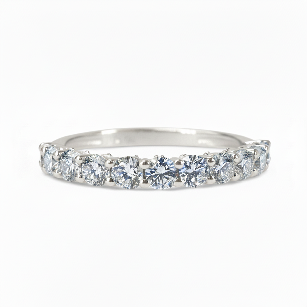 Lab Grown Diamonds 9CT white gold eternity ring with sparkling diamonds encircling the band, showcasing elegance and craftsmanship.